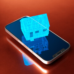 Symbol of modern home technology. The blue virtual house above the smartphone.