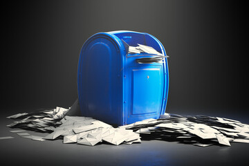 Huge overflow of mail envelopes stacked in a messy pile around a blue mailbox.