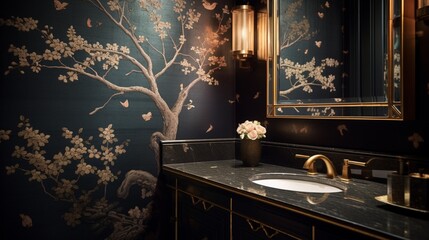 Glamorous Powder Room Accentuated by Metallic Accents and Intricate Wallpaper.
