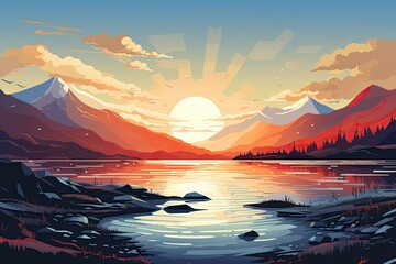 beautiful winter nature landscape with big mountains by lake illustration