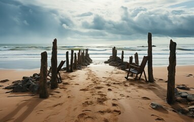 Espreguiadeiras de madeira vazias na areia da praia deserta de frente para o mar em dia nublado.