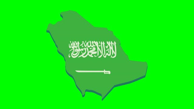 Animation of appearance and disappearance of the 3D map of Saudi Arabia in the colors of Saudi Arabia flag on blue background, green background, transparency and white background in flat design style