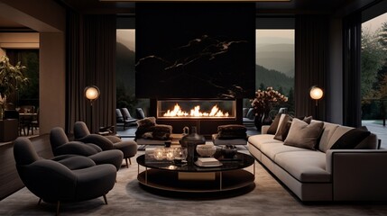 Chic Lounge Area with a Modern Fireplace and Plush Velvet Sofas.