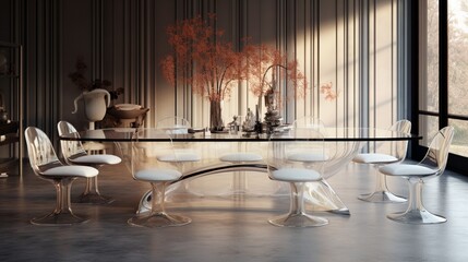 Contemporary Dining Room with a Long Glass Table and Designer Chairs.