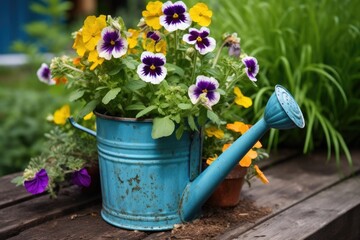 a watering can re-purposed into a blooming flower pot