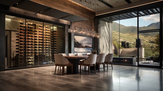 Contemporary Wine-Tasting Room with Glass Walls Showcasing the Collection.