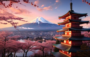 Fujiyoshida, Japan Beautiful view of mountain Fuji and Chureito pagoda at sunset, japan in the...