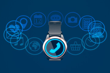 Modern glamour smartwatch shows a variety of functions with blue icons.
