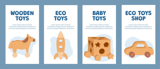 Cards with wooden toys, set of vector kids templates for design.