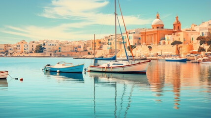 Beautiful European harbor with Maltese yacht and boats