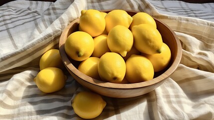  a wooden bowl filled with lemons on top of a table.  generative ai