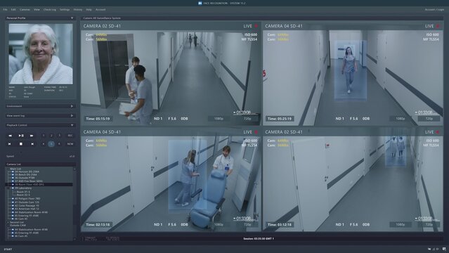 Playback CCTV cameras in modern hospital on computer screen. User interface of surveillance system program and AI facial recognition technology. Security cameras footage. Concept of identification.