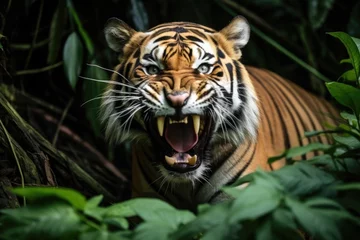 Wandcirkels aluminium aggressive-looking tiger showing teeth in the jungle © altitudevisual
