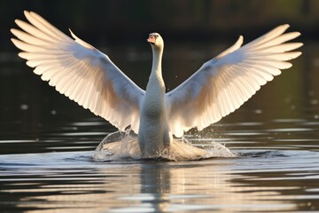 white swan on a lake, flapping wings aggressively - obrazy, fototapety, plakaty