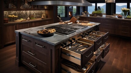 A chef's kitchen equipped with a personalized utensil drawer and integrated spice racks.