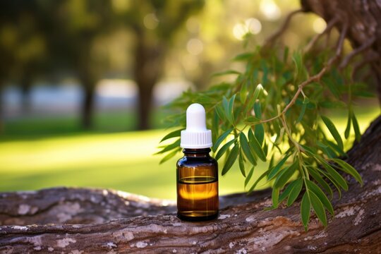 glass bottle of tea tree oil, near an actual tree