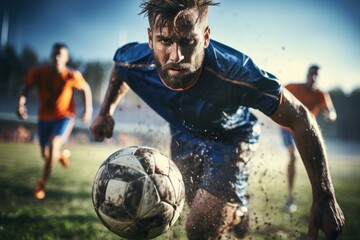 Football, men and exercise with action, field and wellness with workout goal, fitness and competition. Male players, guys and athlete with a challenge, soccer and sports with energy and training