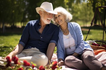 cheerful senior couple enjoying picnic in park