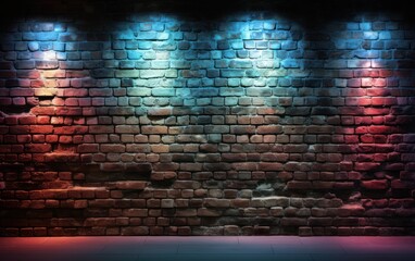 Modern futuristic neon lights on old grunge brick wall room background