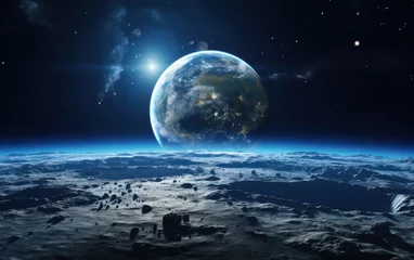 Fotobehang Volle maan en bomen blue earth seen from the moon surface