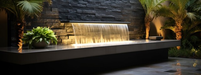 Outdoor home modern water feature fountain waterfall as wide banner with copy space area for garden landscape design concepts