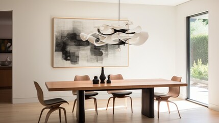 Embrace minimalism in the dining room, highlighted by a sculptural light fixture.