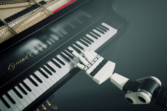 A modern robot is playing music on the piano. Fingers are moving with accuracy.