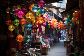 colorful lanterns hanging in a local market