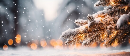 Christmas tree outdoor with snow, lights bokeh around, and snow falling