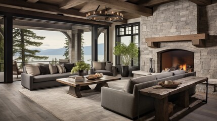 Fototapeta na wymiar Embrace rustic charm in the living room with a stone fireplace and wooden beams.