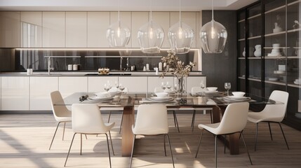 Fototapeta na wymiar A modern kitchen with a glass-topped dining table surrounded by chic, contemporary chairs.