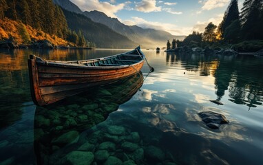 Fototapeta premium Boats on the Braies Lake in Dolomites mountains