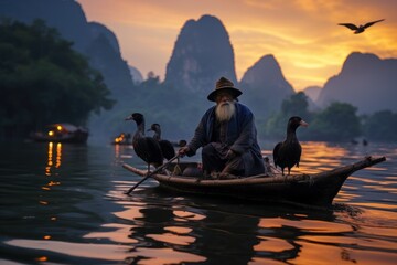 cormorant fisherman on the li river, guilin, yangshuo, - obrazy, fototapety, plakaty