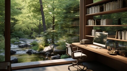A secluded home office with a serene backyard view, fostering productivity.
