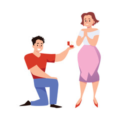 Man asking woman to marry him on one knee with ring, flat vector illustration isolated on white background.