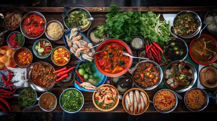 Top view of a Thai street food on table. - obrazy, fototapety, plakaty