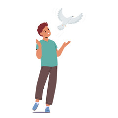 Young Boy Character Releases White Dove, Symbolizing Peace And Hope. His Gesture Embodies Harmony, Love