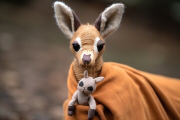 a kangaroo toy holding a tiny stuffed joey in its pouch - obrazy, fototapety, plakaty