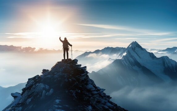 Climbers on the top of the mountains in the fog