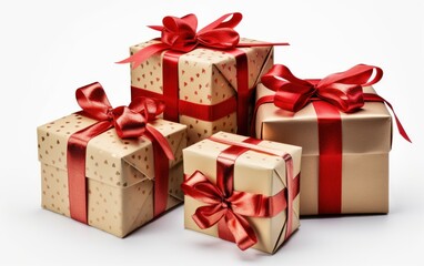 Fototapeta premium Gift boxes with the red ribbons in eco paper isolated on the white background