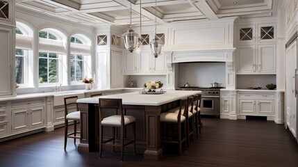 Elegant White Kitchen Featuring a Brown Island and Coffered Ceiling.