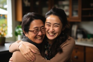 happy senior asian woman at home with adult daughter embracing