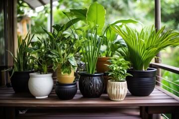 squat, ceramic plant pots with tropical plants on a wooden deck