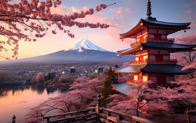 Naklejka premium Fujiyoshida, Japan Beautiful view of mountain Fuji and Chureito pagoda at sunset, japan in the spring with cherry blossoms
