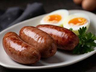 Tasty grill sausages or wieners and soft boiled eggs. A high-calorie nutritious breakfast. Fatty fast food. Not healthy, but delicious food. The traditional American breakfast. Grilled pork sausages