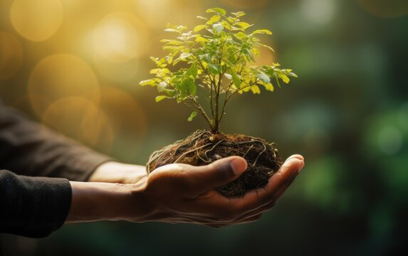 hand holdig big tree growing on green background with sunshine