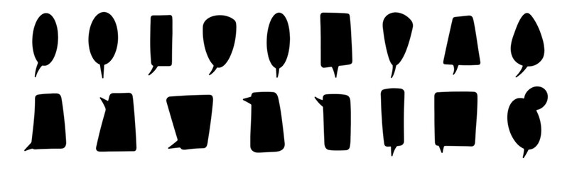 Large set of black vertical speech baubles. Black shapes on white background. Thoughts, chat, speech, speak.