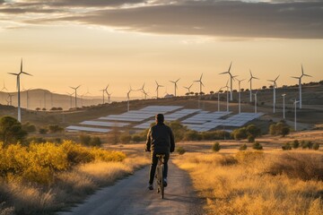 castilla y leon, . man from behind leaning on bicycle looking at wind power towers and solar farm in rural setting at sunset