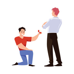Man on one knee proposing to his boyfriend, flat vector illustration isolated on white background.