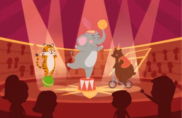 Wandaufkleber Tiger on ball, bear on bicycle, elephant holding ball, cartoon circus animals performing on stage vector illustration © sabelskaya